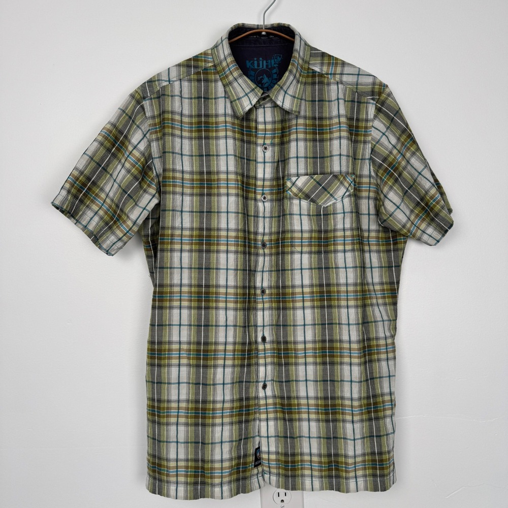 Kuhl Mens Plaid Short Sleeve Button Down Shirt Green Grey Medium